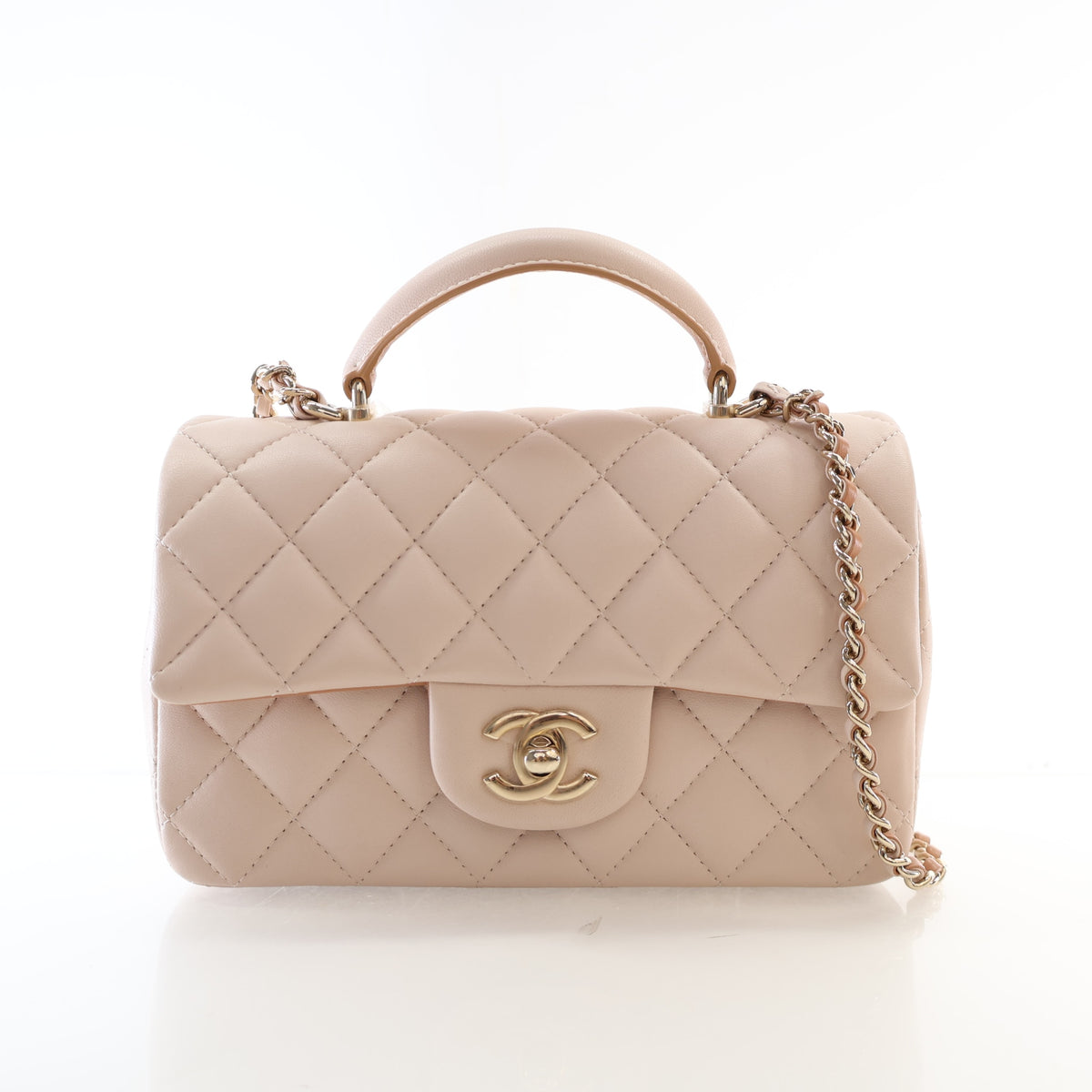 Pre-Owned Chanel Top Handle Mini Lambskin Rectangular Flap Bag, front view, authenticated at Luxe Du Jour