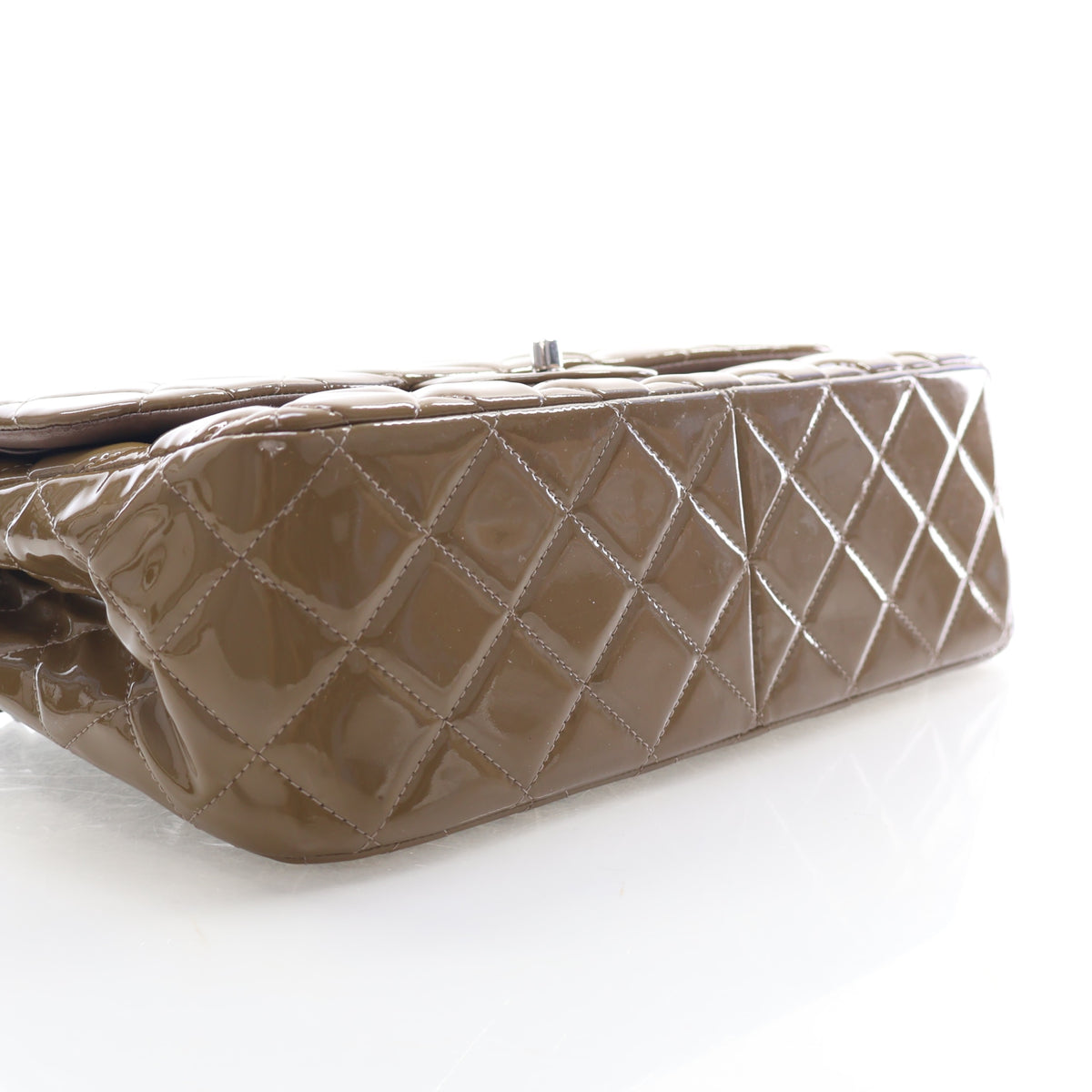 Pre-Owned Chanel Classic Double Flap Jumbo Patent Leather Bag, base and feet view, photo 6 of 16