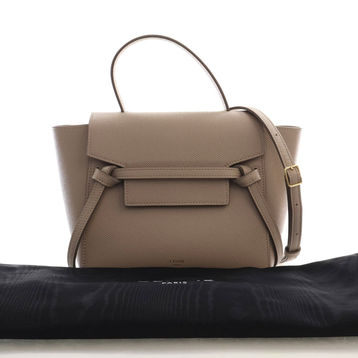 Pre-Owned Celine Belt Bag Nano Calfskin, shown with dust bag and packaging