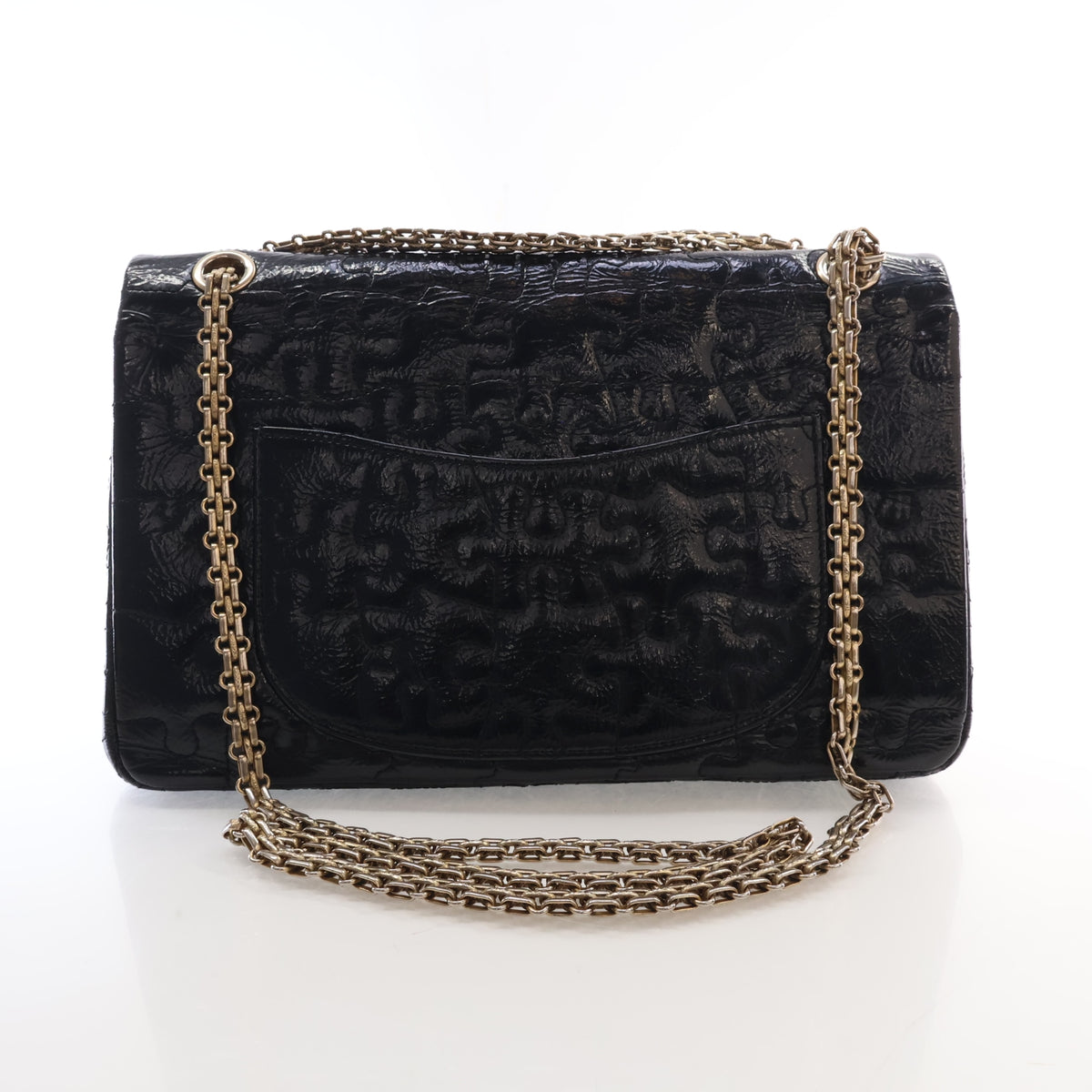 Pre-Owned Chanel Flap Bag Medium Crinkled Patent Leather Puzzle Reissue Double, back view