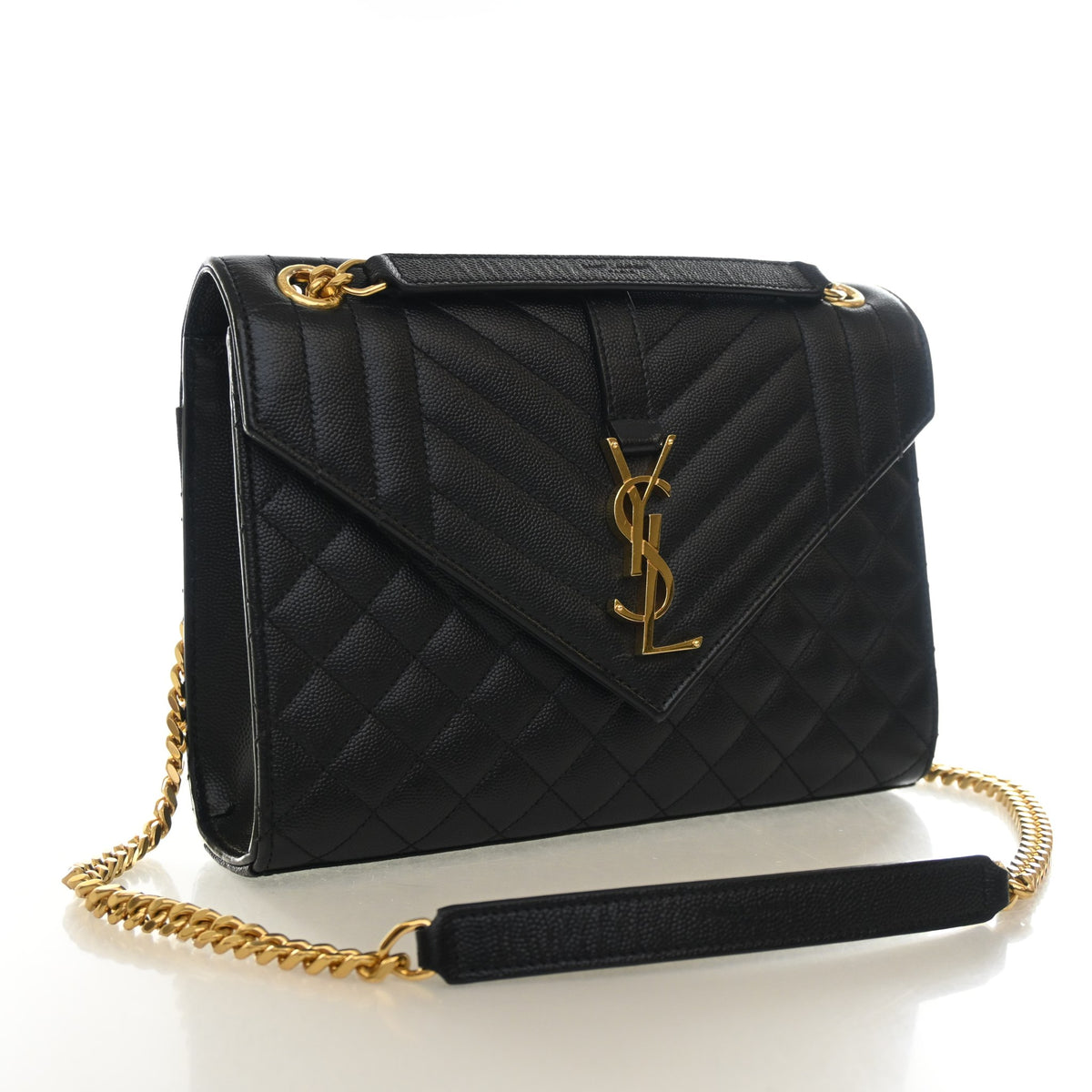 Pre-Owned Saint Laurent Flap Bag Medium Calfskin Envelope, three-quarter view, authenticated at Luxe Du Jour