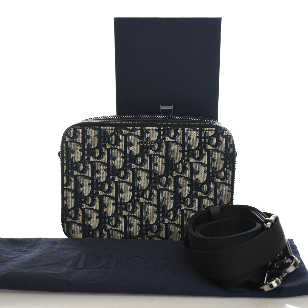 Pre-Owned Christian Dior Oblique Zipped Pouch With Strap, shown with dust bag and packaging