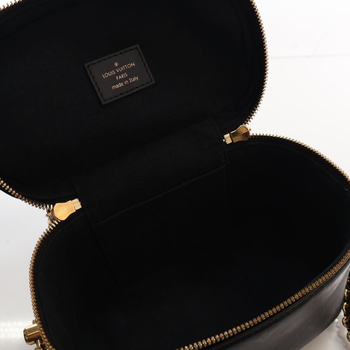 Pre-Owned Louis Vuitton Vanity PM Monogram Embossed Lambskin, open interior with lining