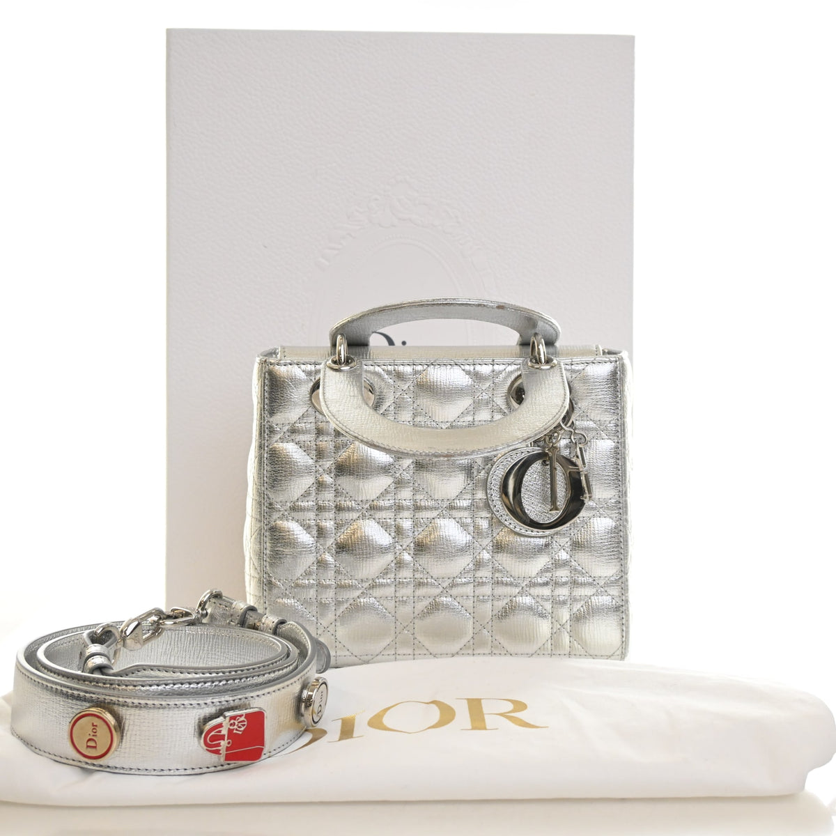 Pre-Owned Christian Dior My Lady Dior Small Calfskin Lucky Badges, shown with dust bag and packaging
