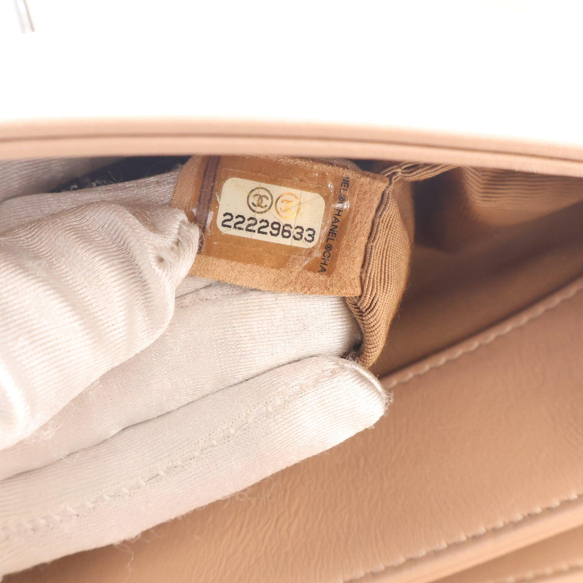 Pre-Owned Chanel Flap Bag Small Calfskin Tramezzo, interior label and date code