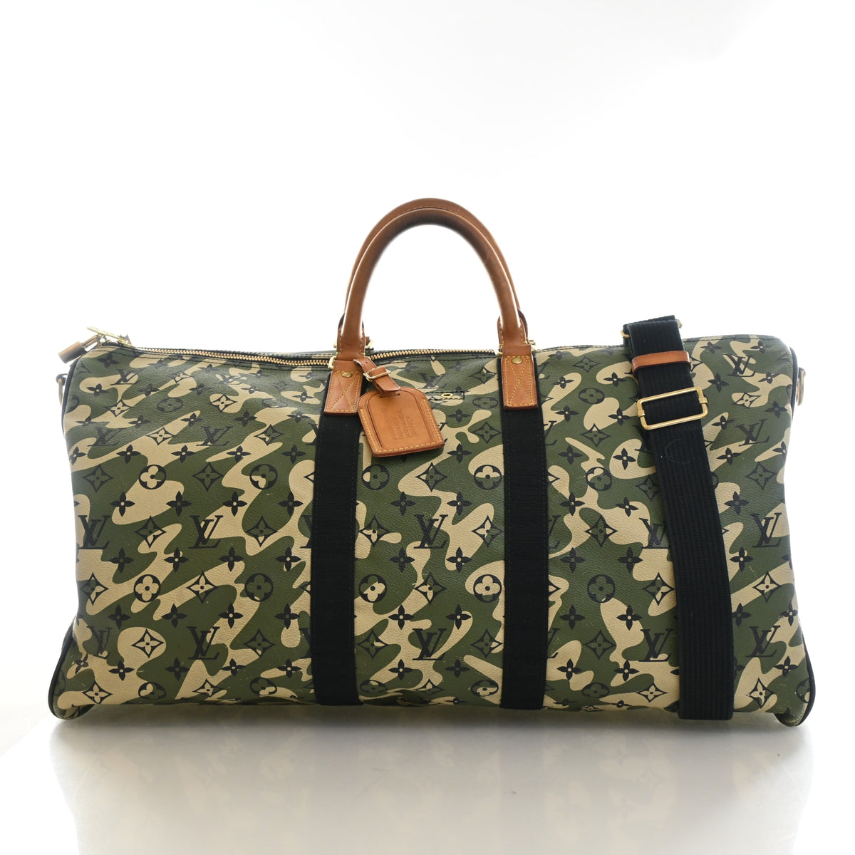 Pre-Owned Louis Vuitton 55 Monogramouflage Keepall Bandouliere, front view, authenticated at Luxe Du Jour
