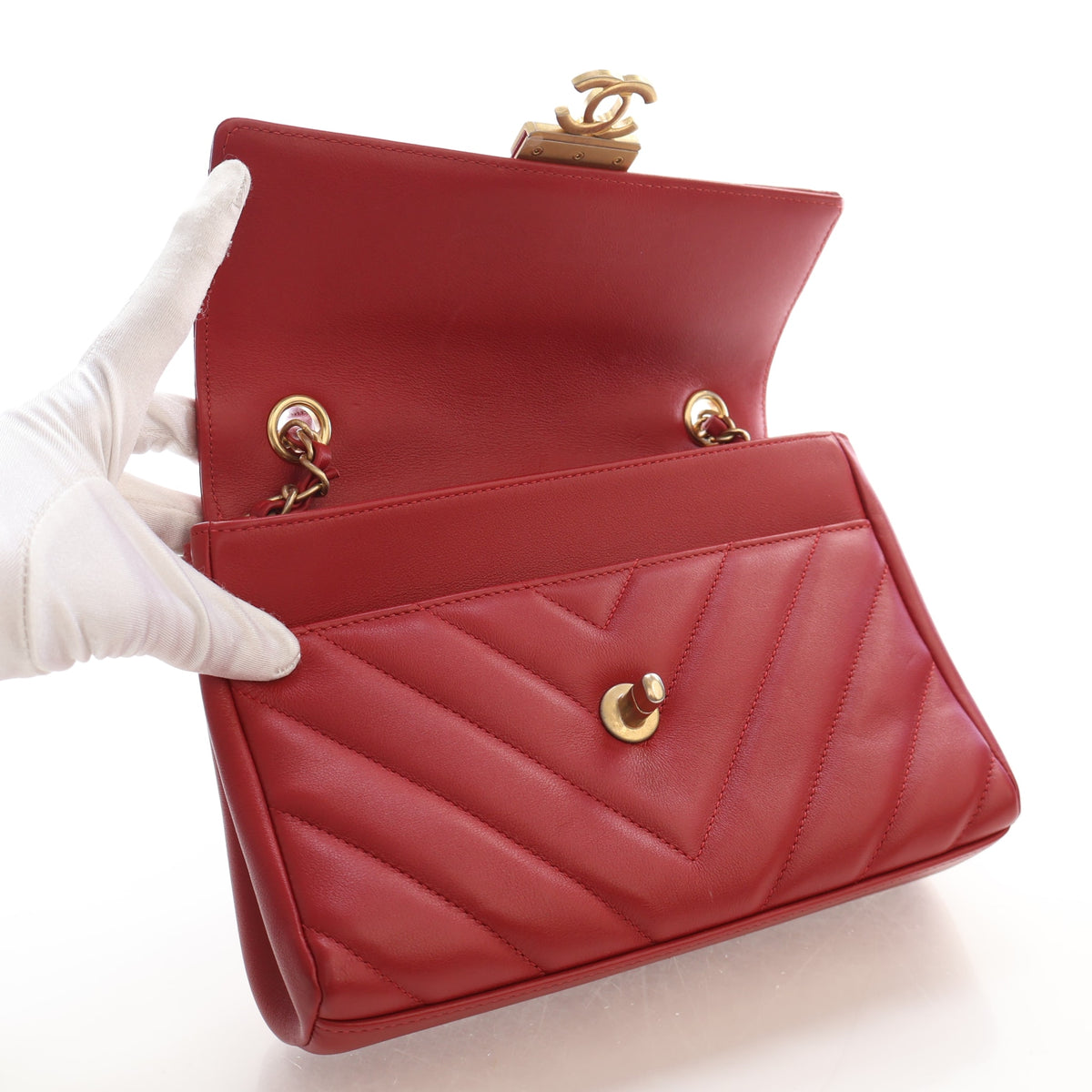 Pre-Owned Chanel Top Handle Calfskin In The City Bag, open interior with lining