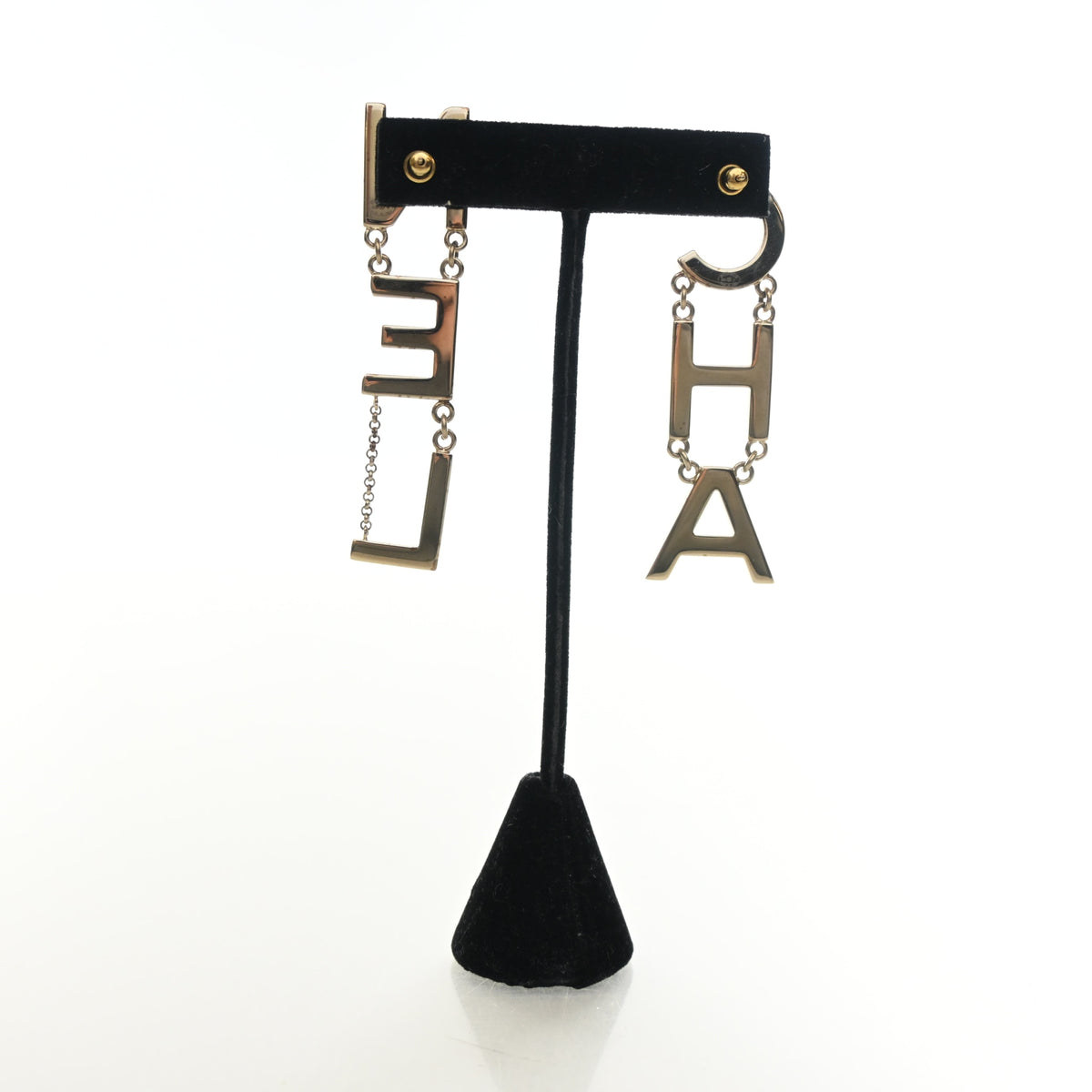 Pre-Owned Chanel 'cha' 'nel' Letter Drop Earrings, gold hardware close-up
