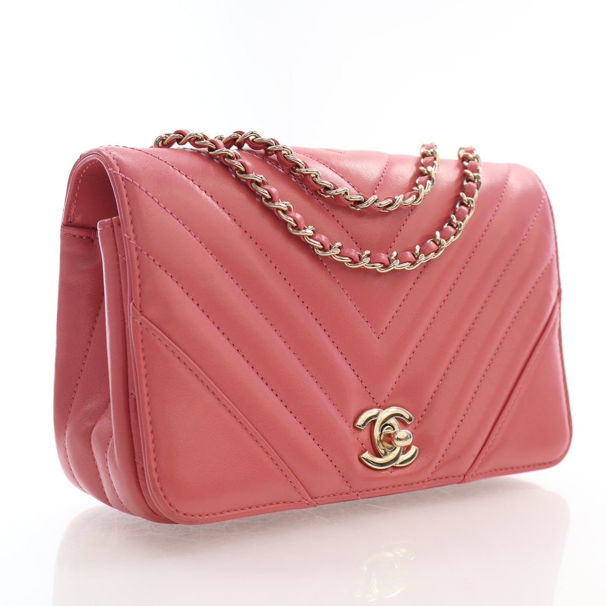 Pre-Owned Chanel Flap Bag Mini Lambskin Chevron, three-quarter view, authenticated at Luxe Du Jour