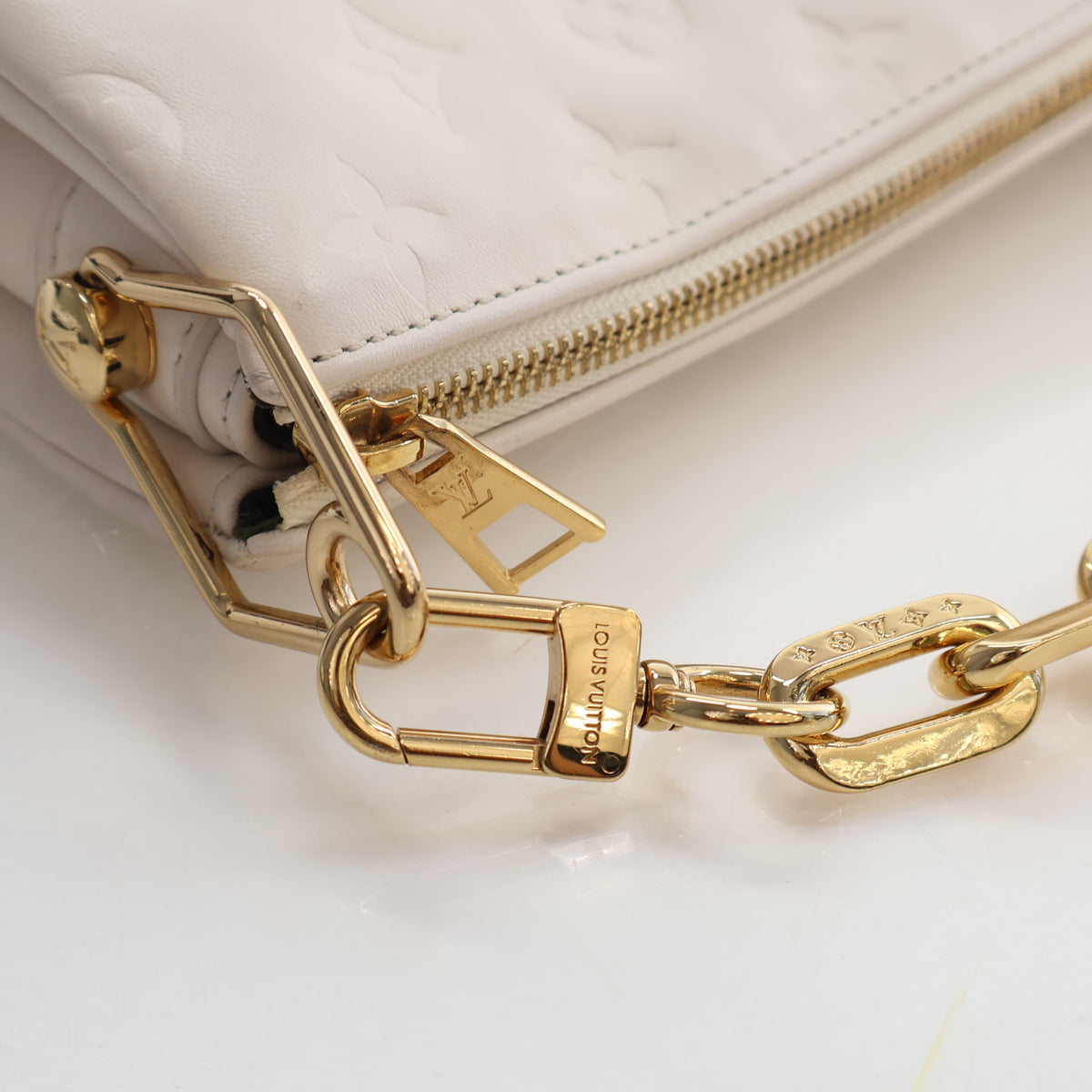 Pre-Owned Louis Vuitton PM Lambskin Monogram Coussin, gold hardware close-up
