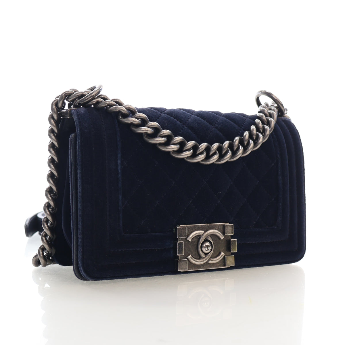 Pre-Owned Chanel Boy Bag Small Velvet, three-quarter view, authenticated at Luxe Du Jour