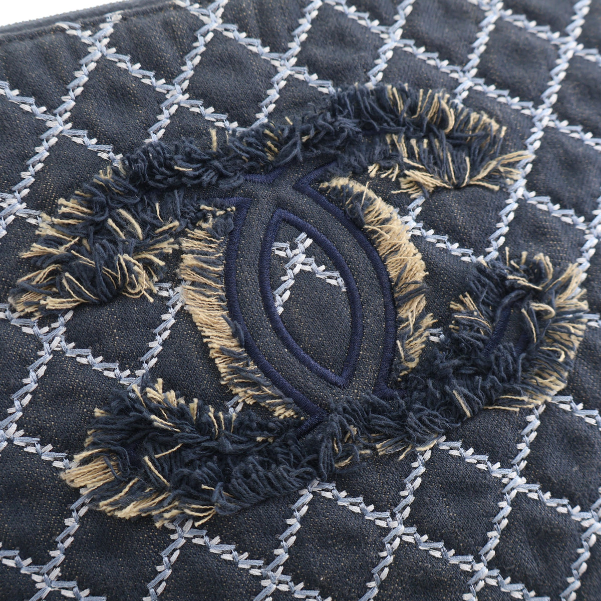 Pre-Owned Chanel Clutch Medium Denim Fringe O Case, gold embossed logo detail