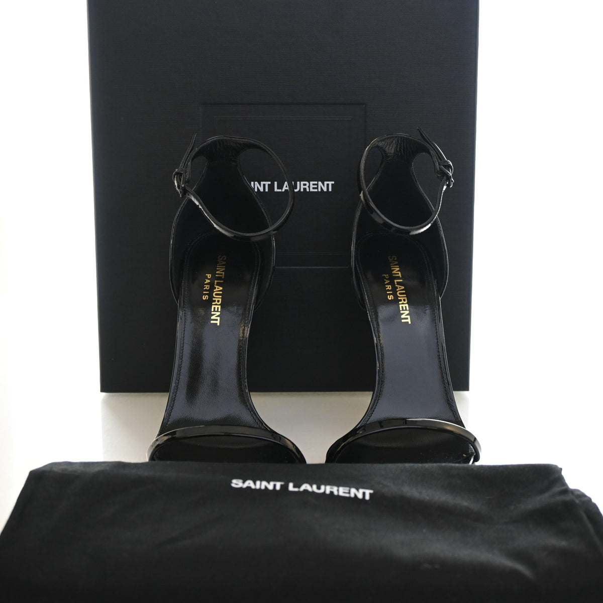 Pre-Owned Saint Laurent Sandals Sz 38 Patent Leather Opyum, shown with dust bag and packaging