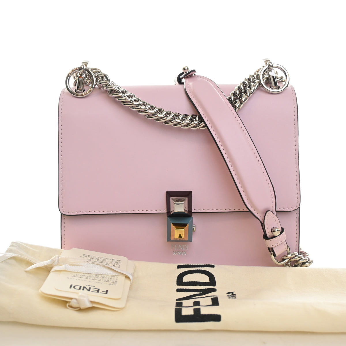 Pre-Owned Fendi Shoulder Bag Small Calfskin Kan I, shown with dust bag and packaging