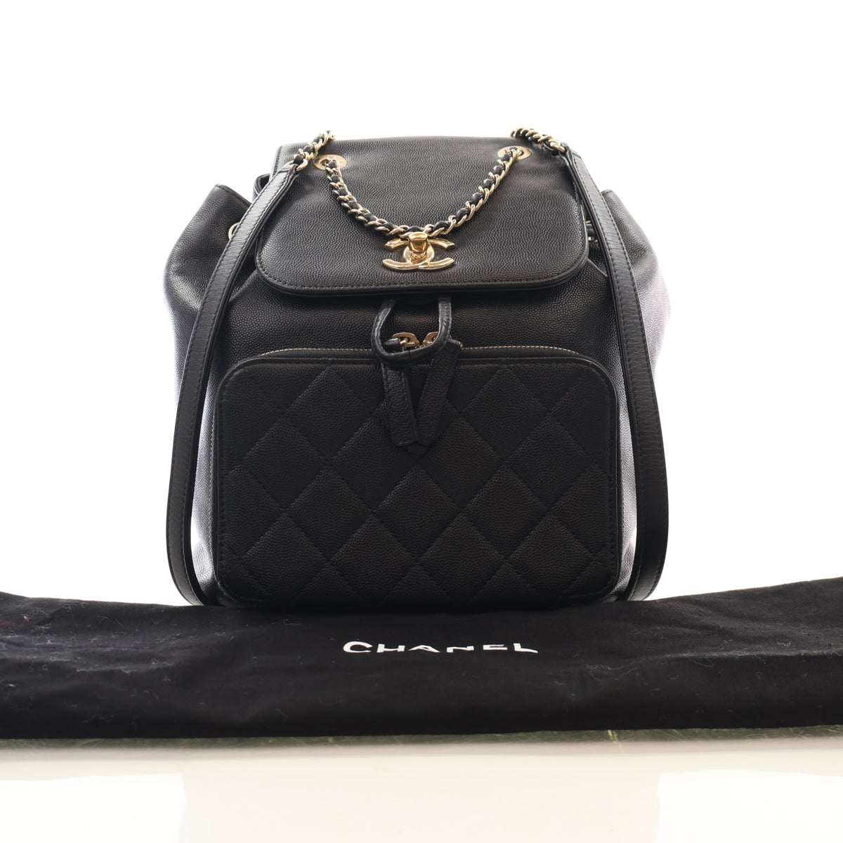 Pre-Owned Chanel Backpack Caviar Leather Business Affinity, shown with dust bag and packaging