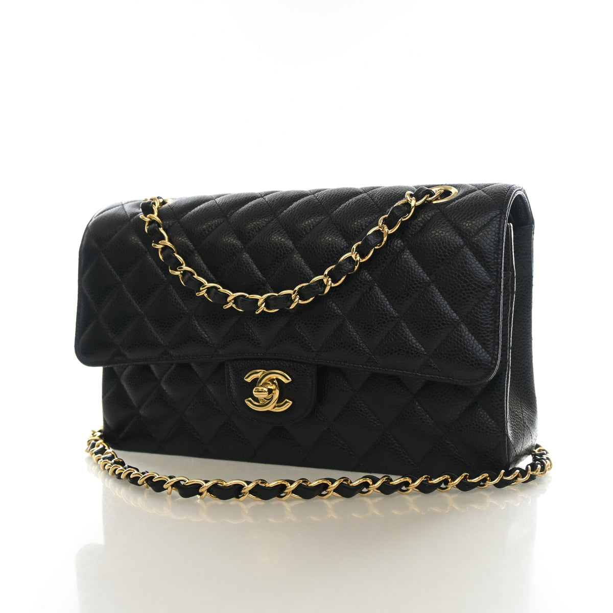 Pre-Owned Chanel Classic Double Flap Medium Caviar Leather Bag, three-quarter view, photo 3 of 15