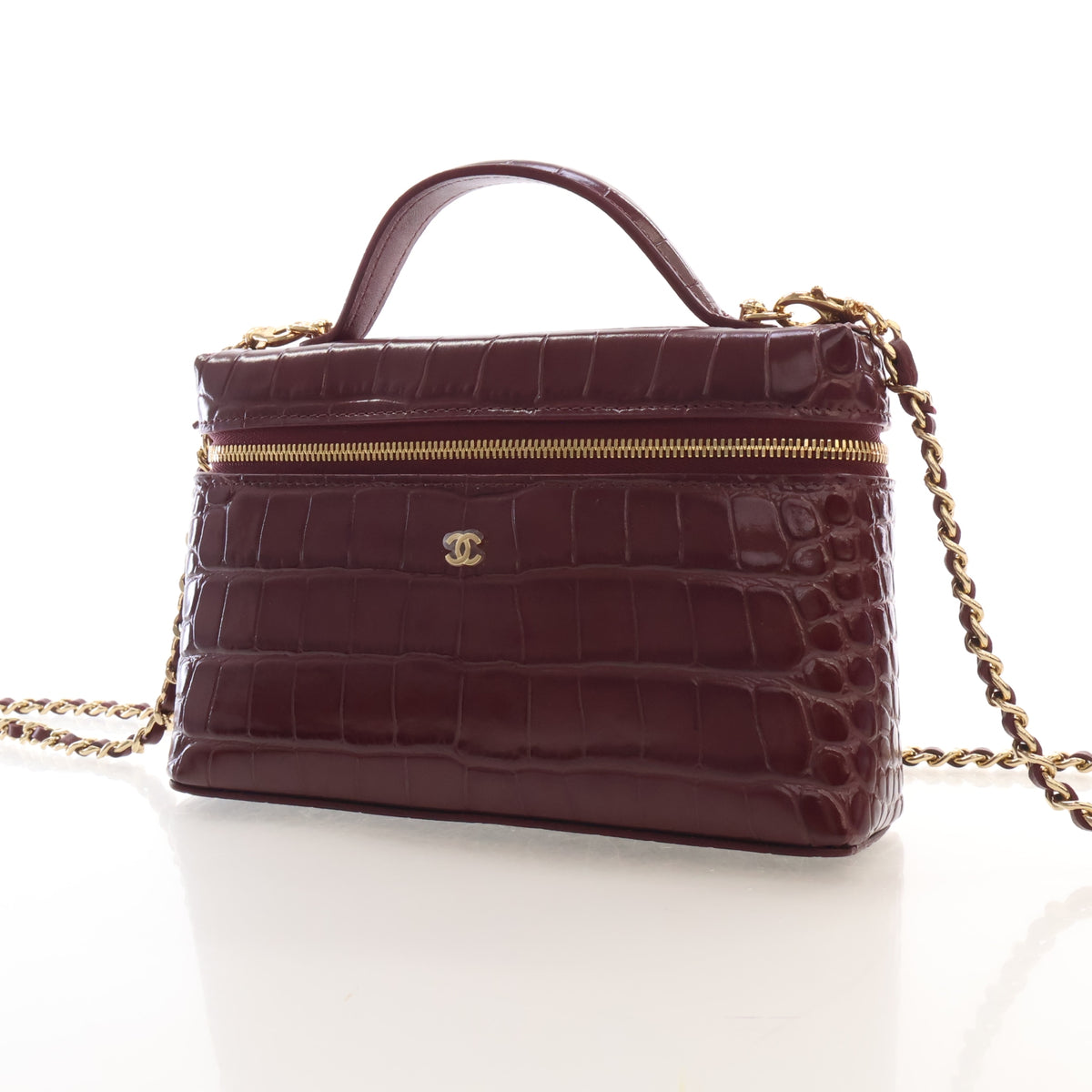 Pre-Owned Chanel Top Handle Small Crocodile Leather Embossed Leather Slim Vanity With Chain, front view, photo 3 of 16