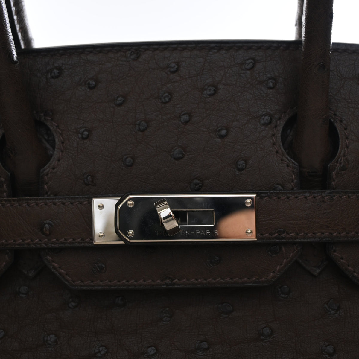 Vintage Hermès Birkin 30 Chocolat Ostrich Leather, silver hardware close-up