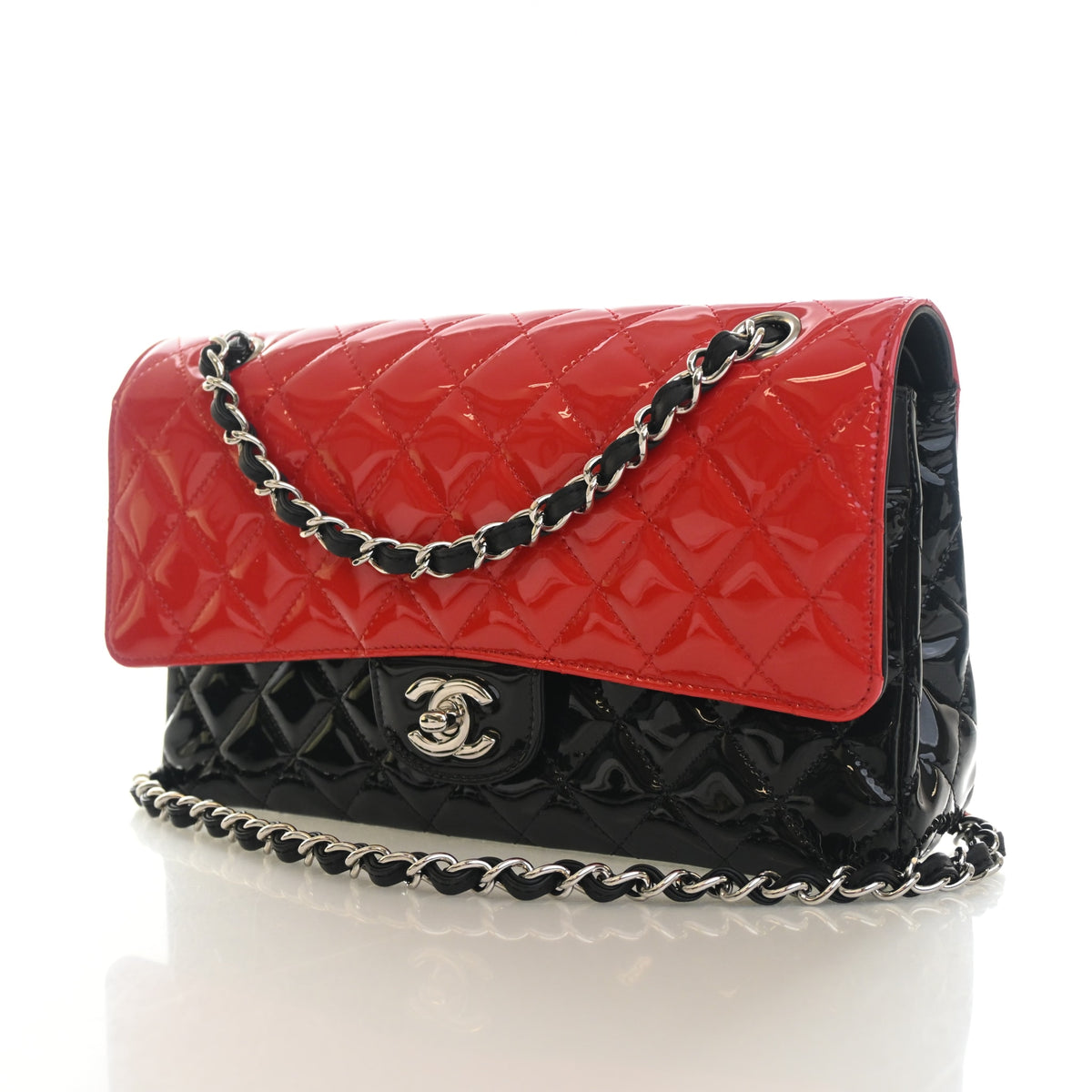 Pre-Owned Chanel Classic Double Flap Medium Patent Leather Bag, three-quarter view, photo 3 of 14