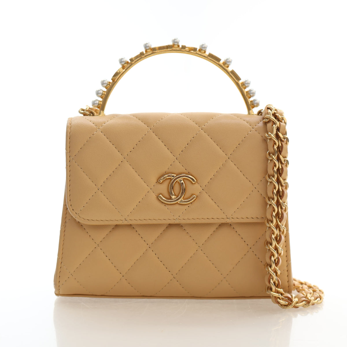 Pre-Owned Chanel Top Handle Lambskin Flap Bag Pearl, three-quarter view, authenticated at Luxe Du Jour