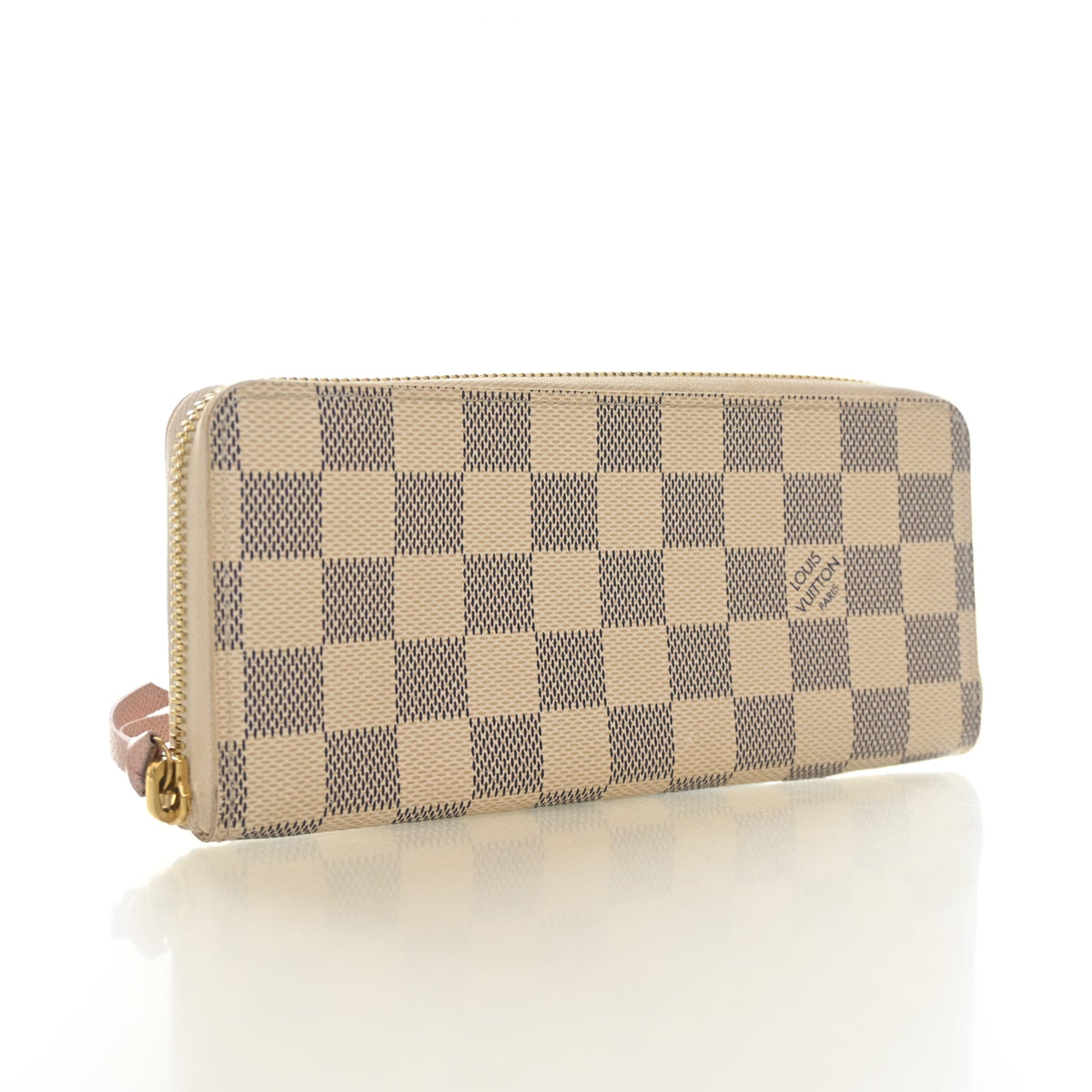 Pre-Owned Louis Vuitton Wallet Damier Azur Clemence Leather, three-quarter view, authenticated at Luxe Du Jour