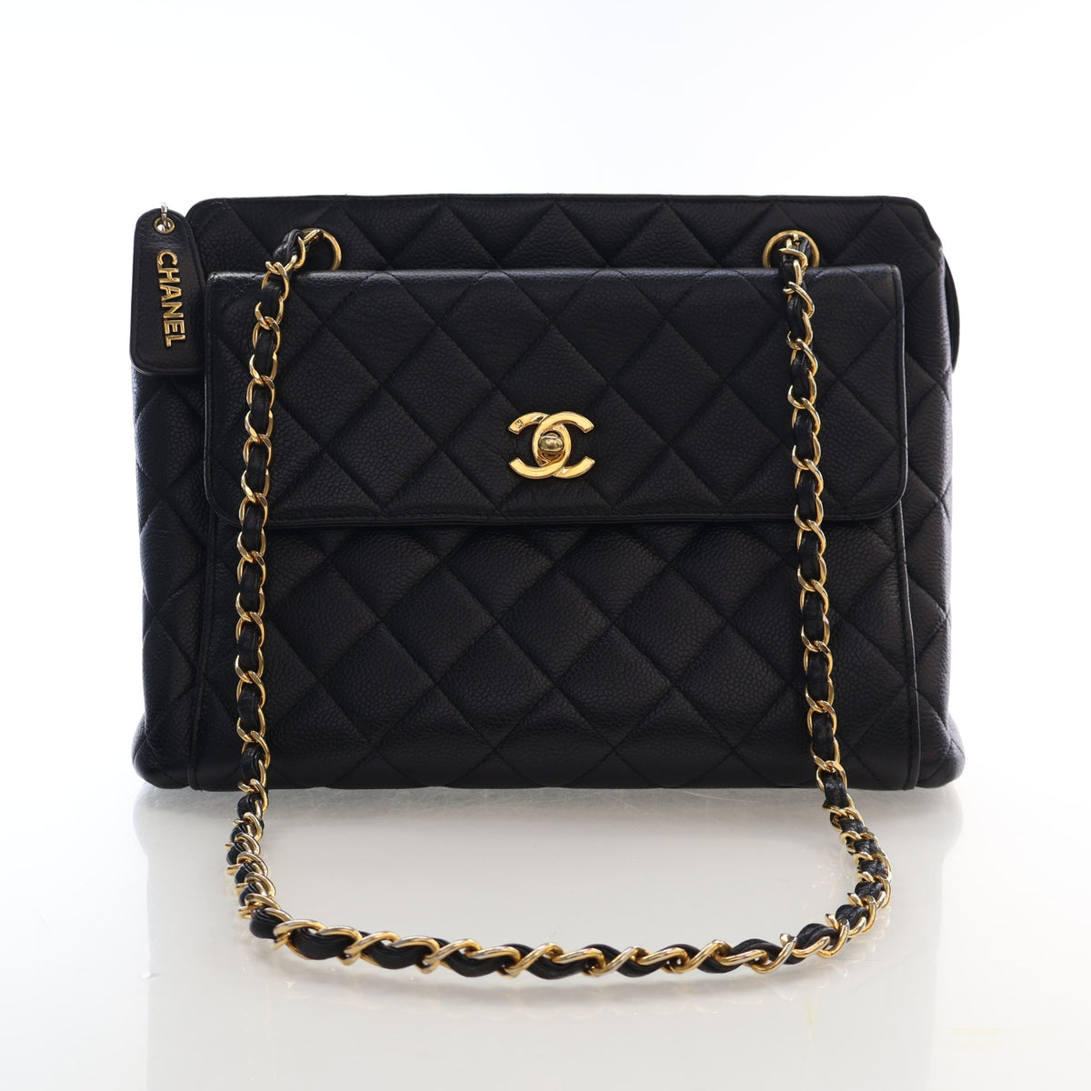 Vintage Chanel Tote Bag Large Caviar Leather Matelasse Chain, front view, authenticated at Luxe Du Jour