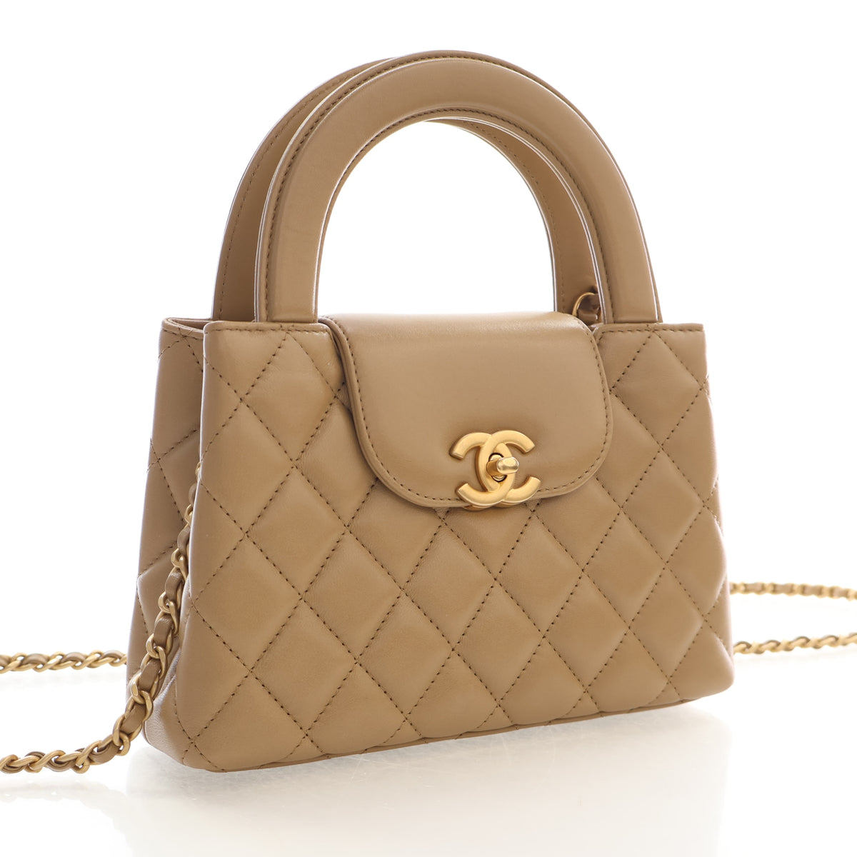 Pre-Owned Chanel Kelly Nano Lambskin Shopper, three-quarter view, authenticated at Luxe Du Jour
