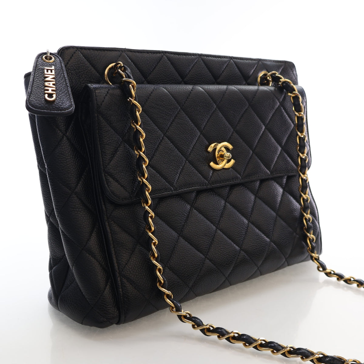 Vintage Chanel Tote Bag Large Caviar Leather Matelasse Chain, three-quarter view, authenticated at Luxe Du Jour