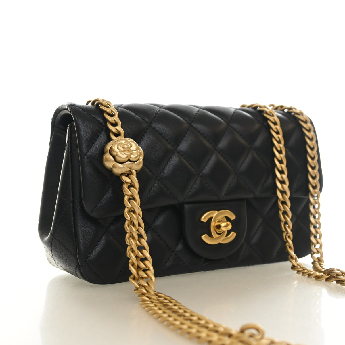 Pre-Owned Chanel Flap Bag Mini Lambskin Camellia Pearl Crush Rectangular, three-quarter view, authenticated at Luxe Du Jour