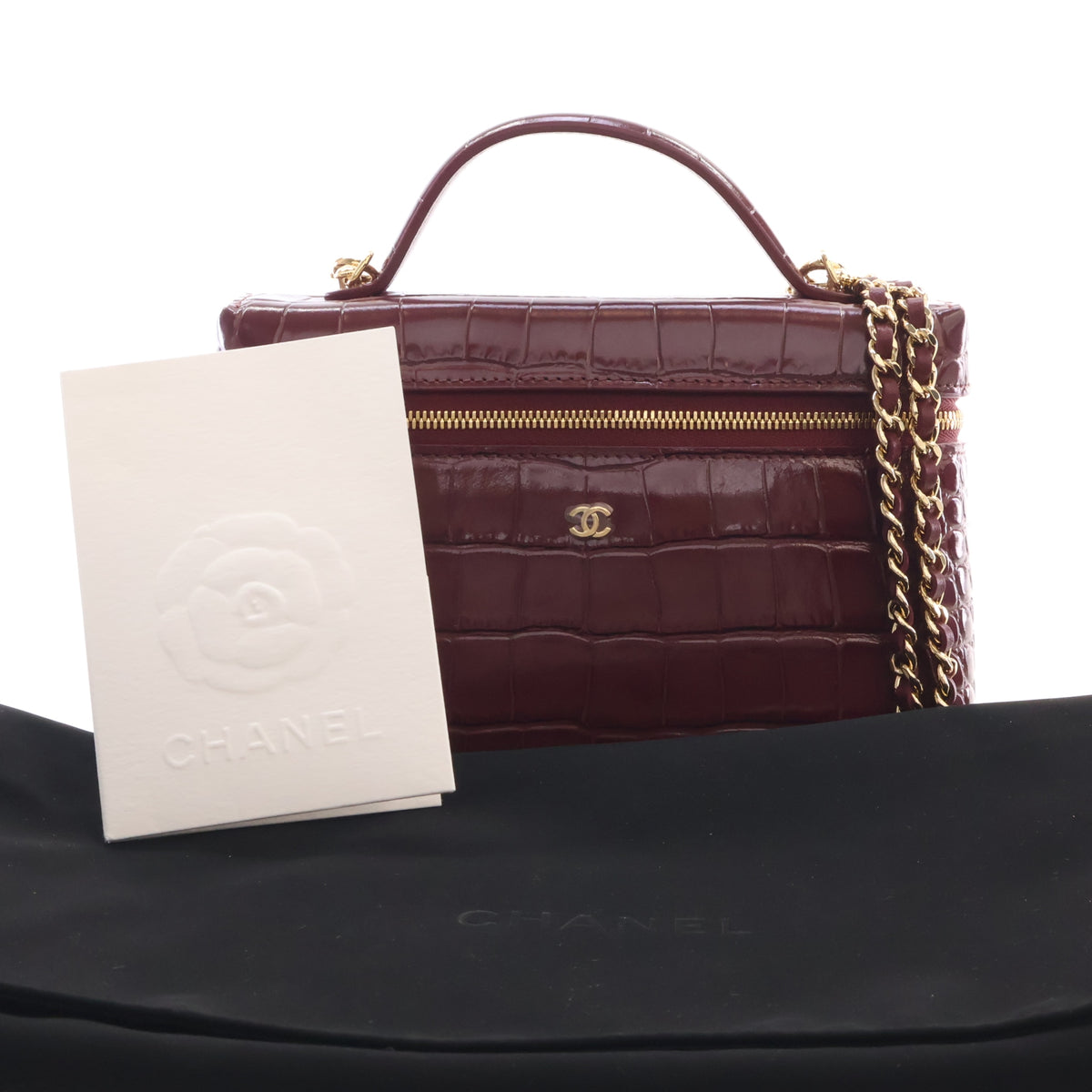 Pre-Owned Chanel Top Handle Small Crocodile Leather Embossed Leather Slim Vanity With Chain, with dust bag