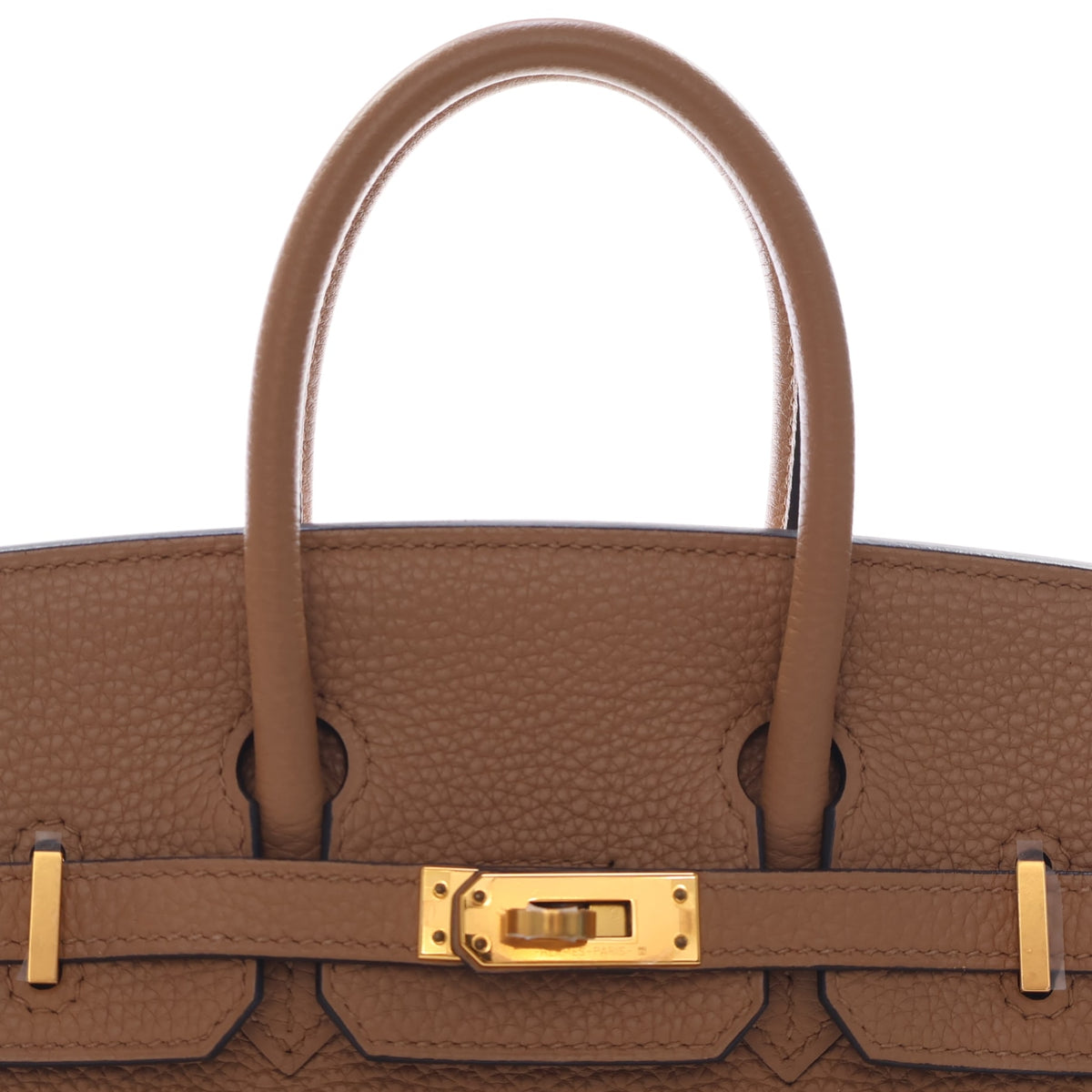Pre-Owned Hermès Birkin 25 Chai Togo Leather, gold hardware close-up