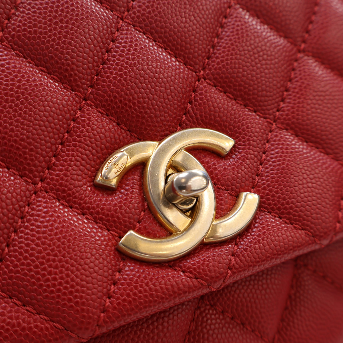 Pre-Owned Chanel Top Handle Medium Caviar Leather Flap Bag, gold embossed logo detail
