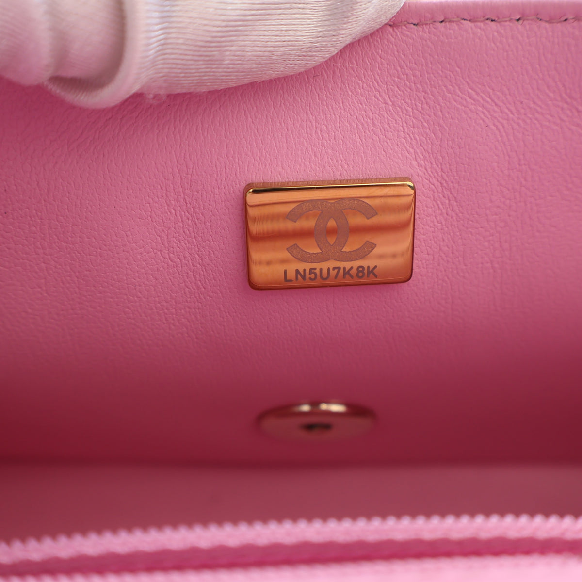Pre-Owned Chanel Classic Flap Mini Lambskin Rectangular Top Handle Bag, gold embossed logo detail, photo 18 of 19