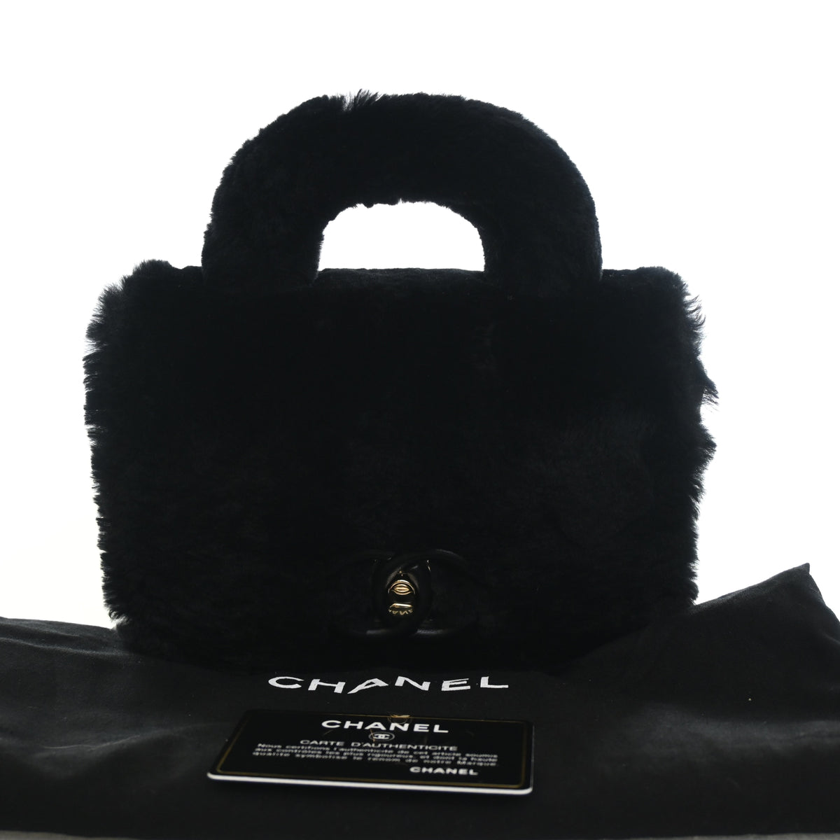Pre-Owned Chanel Top Handle Shearling Oryalg Flap Bag, shown with dust bag and packaging