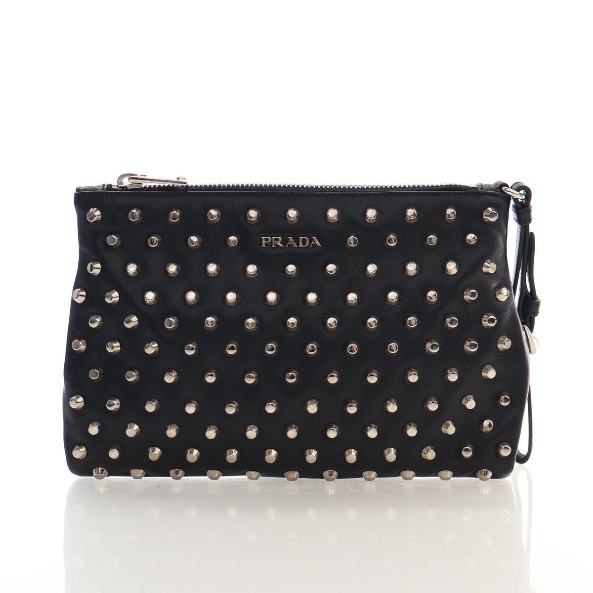 Pre-Owned Prada Clutch Calf Metal Studded Leather, front view, authenticated at Luxe Du Jour