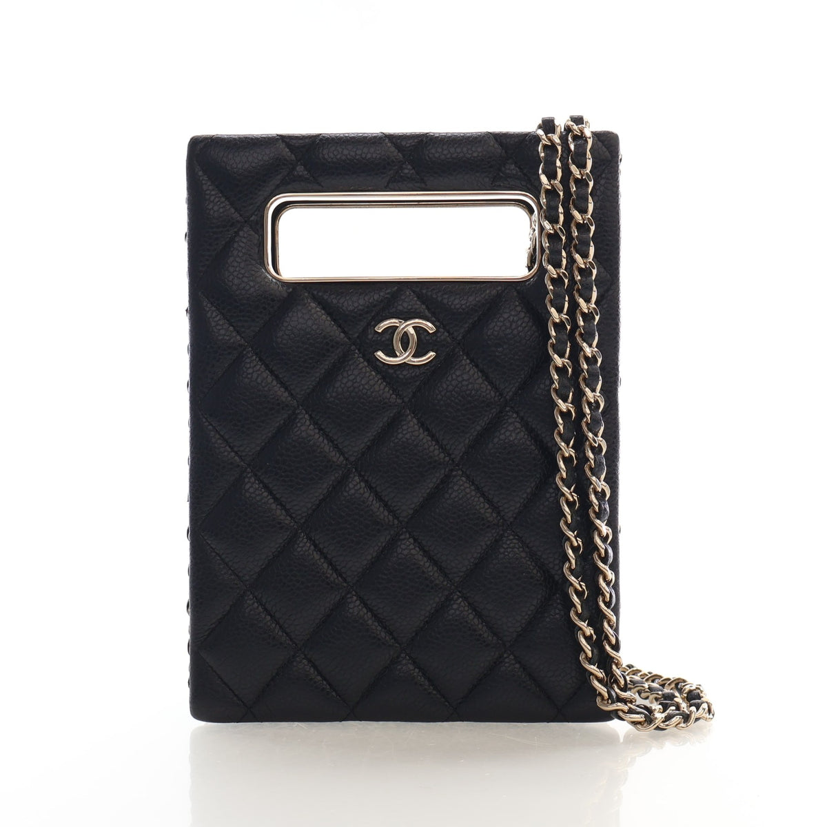 Pre-Owned Chanel Clutch Small Caviar Leather Evening Box On Chain, front view, authenticated at Luxe Du Jour