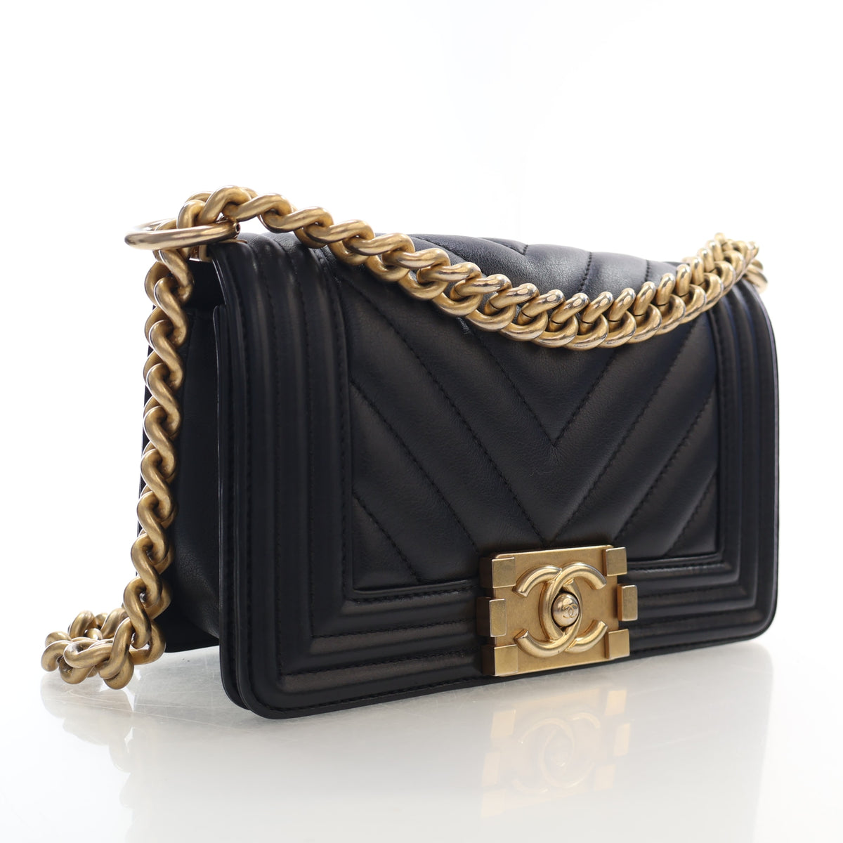 Pre-Owned Chanel Boy Bag Small Chevron, three-quarter view, authenticated at Luxe Du Jour
