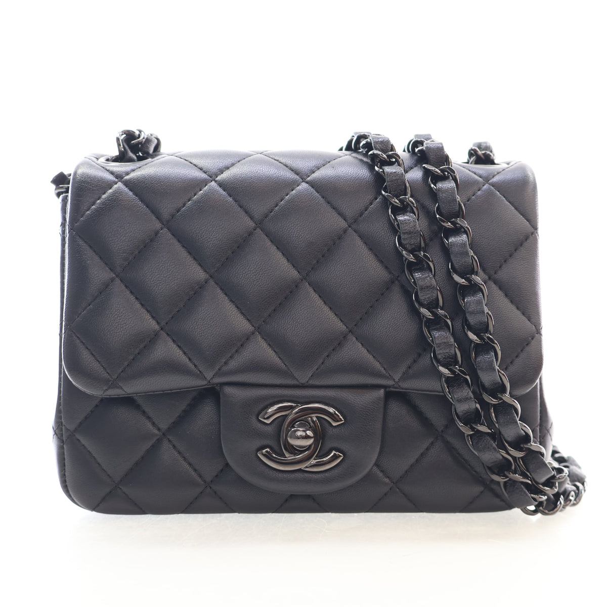 Pre-Owned Chanel Flap Bag Mini Lambskin So Black Square, front view, authenticated at Luxe Du Jour