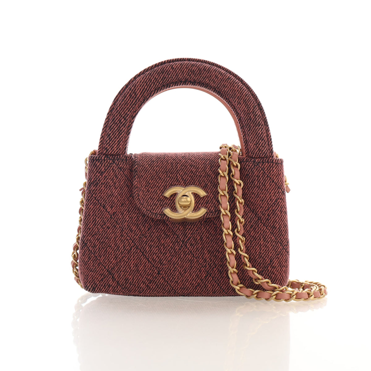 Pre-Owned Chanel Top Handle Nano Denim Kelly, front view, authenticated at Luxe Du Jour