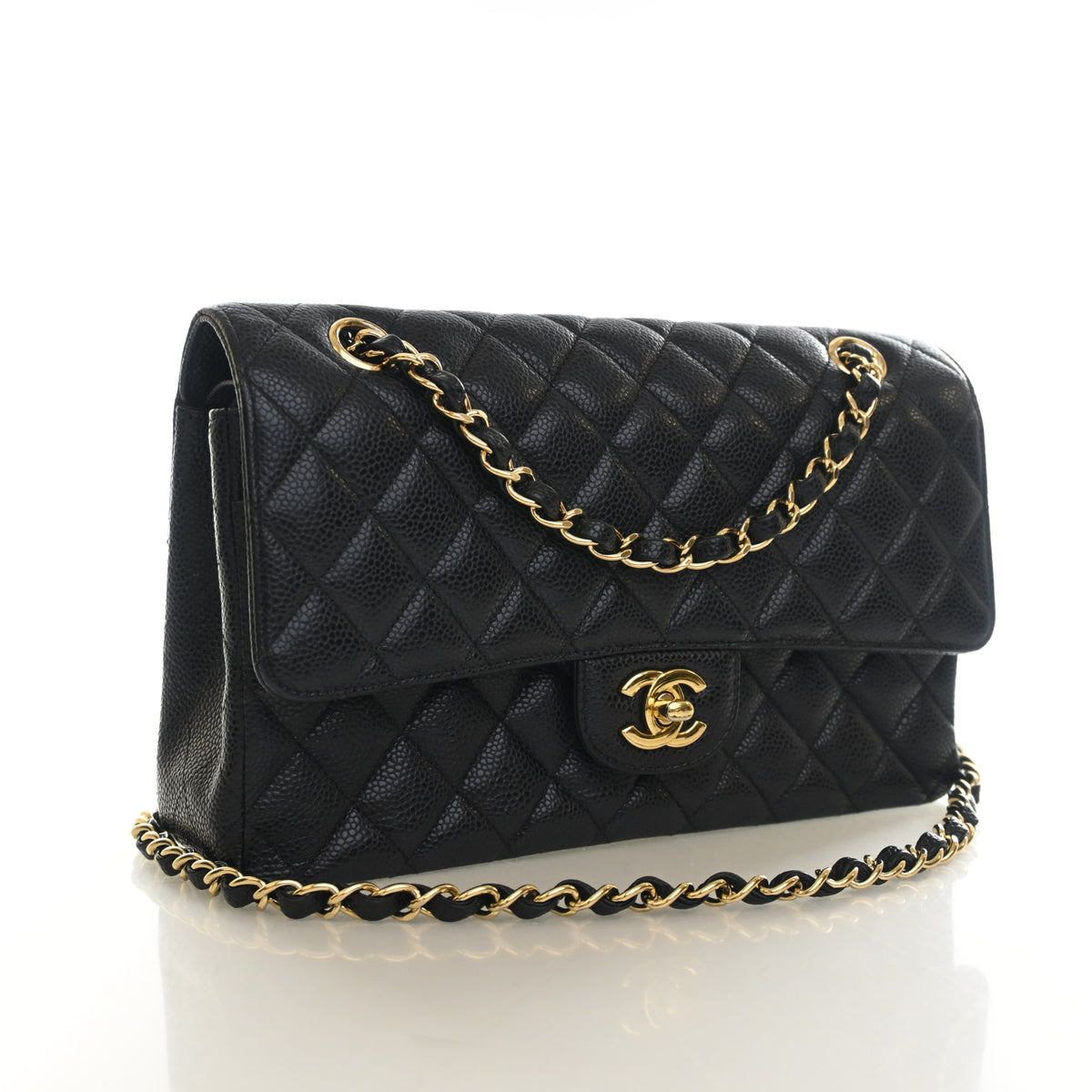 Pre-Owned Chanel Classic Double Flap Medium Caviar Leather Bag, three-quarter view, authenticated at Luxe Du Jour