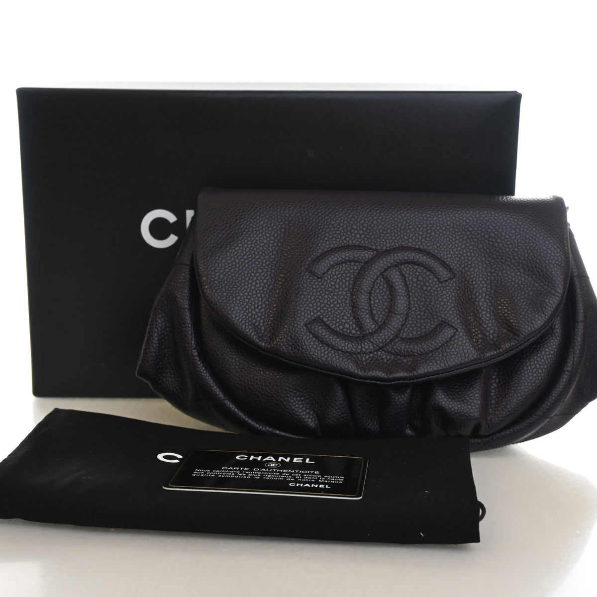 Pre-Owned Chanel Wallet On Chain Caviar Leather Half Moon WOC, shown with dust bag and packaging
