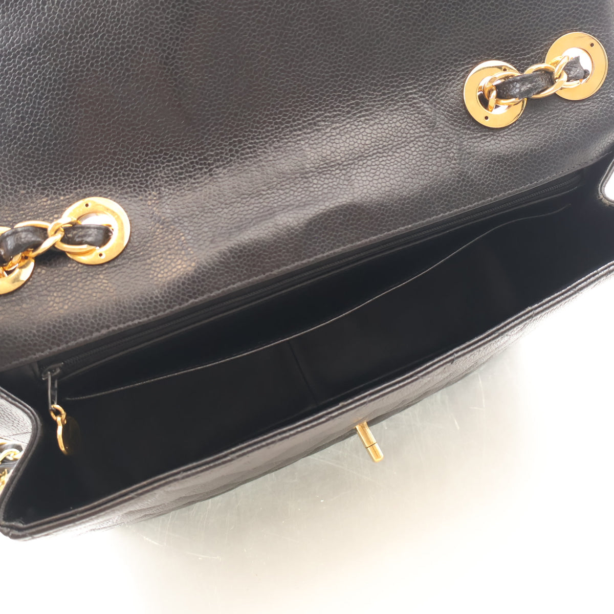Vintage Chanel Flap Bag Jumbo Caviar Leather Classic Single, open interior