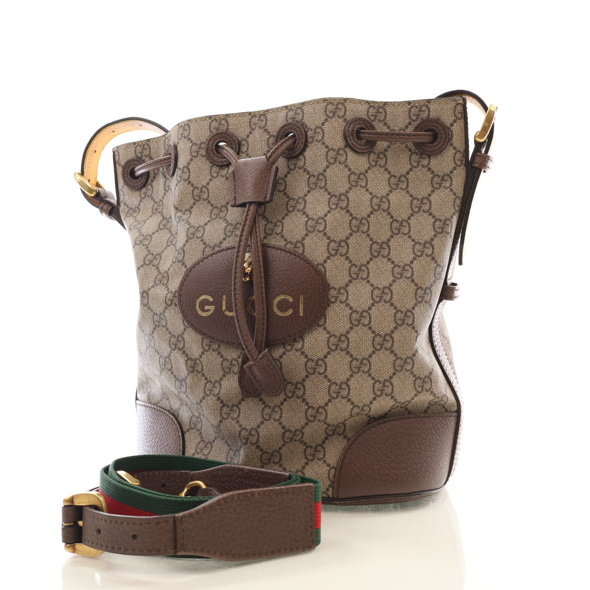 Vintage Gucci Backpack GG Supreme Monogram Neo Drawstring Bucket, three-quarter view
