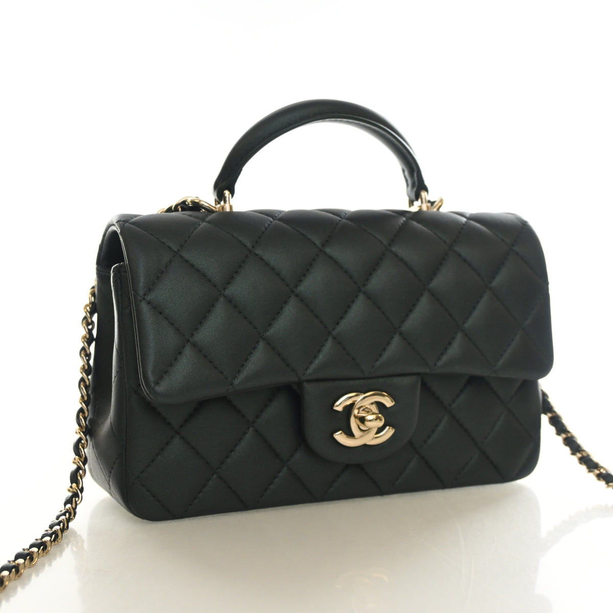 Pre-Owned Chanel Classic Flap Mini Calfskin Rectangular Top Handle Bag, three-quarter view, authenticated at Luxe Du Jour