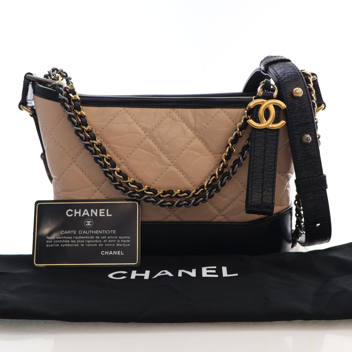 Pre-Owned Chanel Hobo Small Aged Calfskin Gabrielle Bag, shown with dust bag and packaging