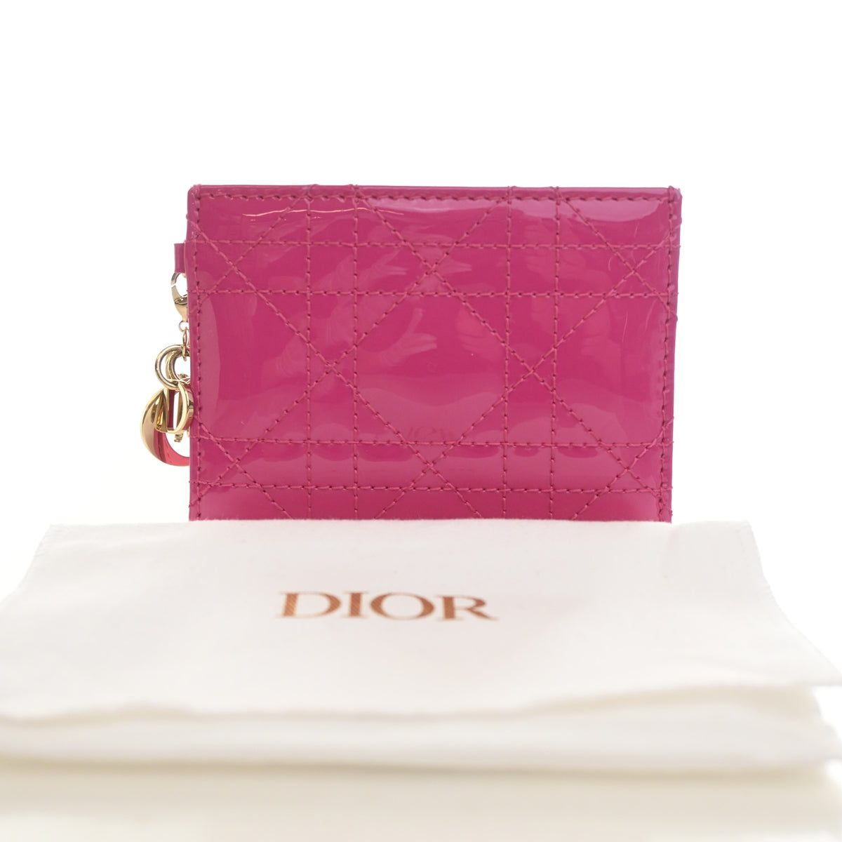 Pre-Owned Christian Dior Card Holder Patent Leather Freesia, shown with dust bag and packaging