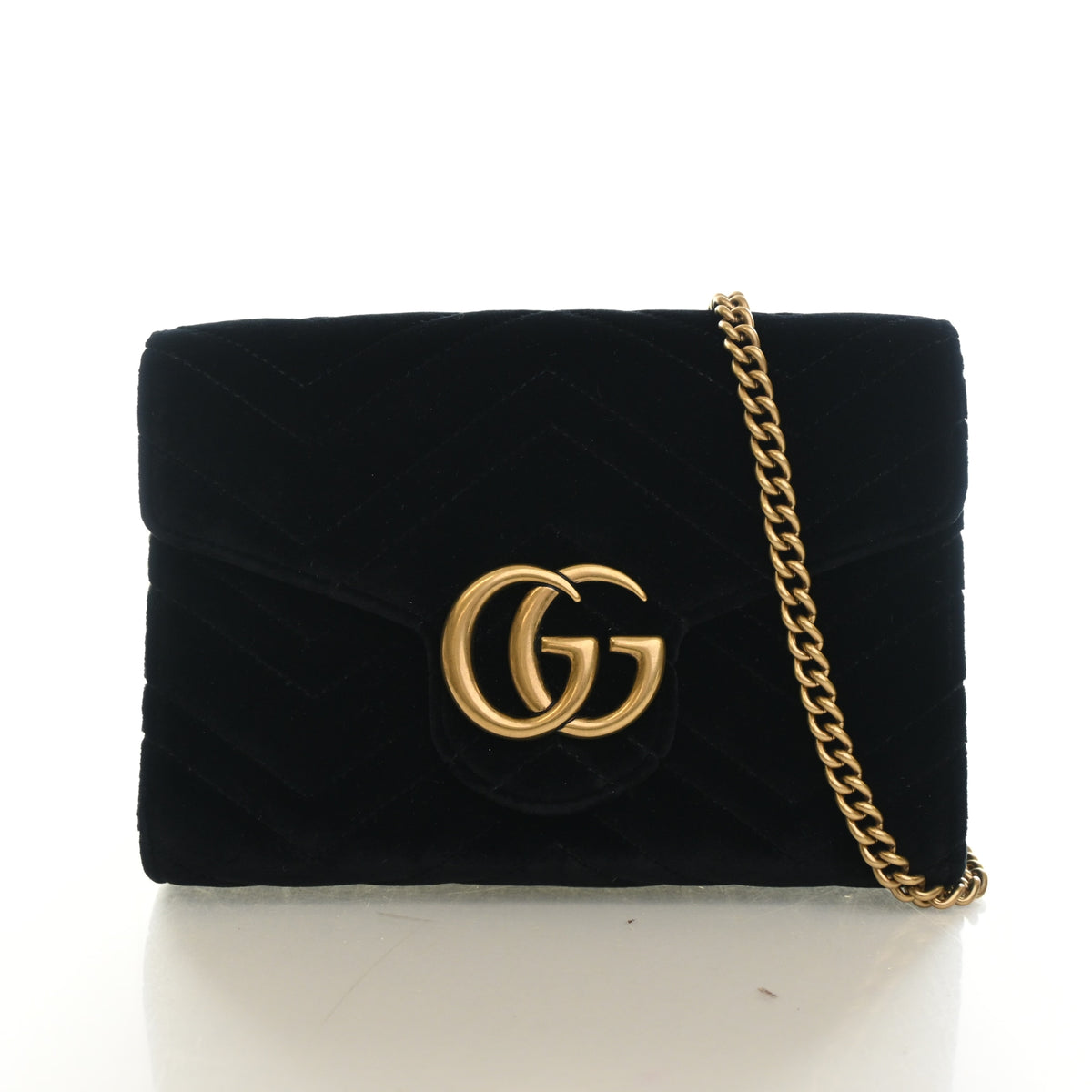 Pre-Owned Gucci Wallet On Chain Velvet Marmont WOC, front view, authenticated at Luxe Du Jour