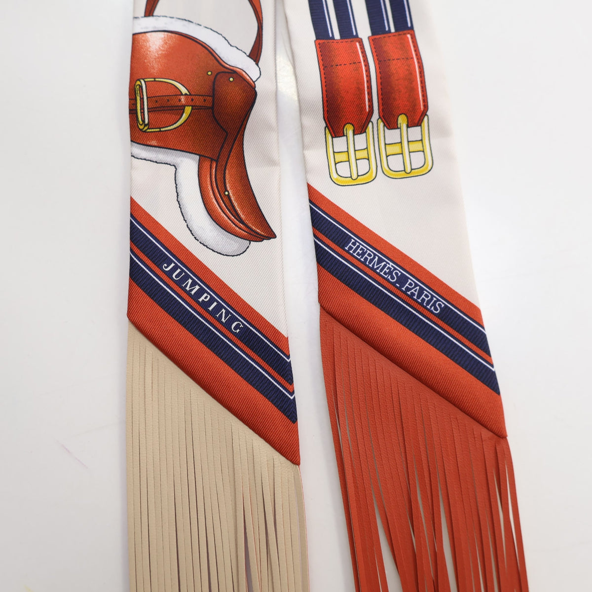 Pre-Owned Hermès Jumping Leather Fringes Twilly, flat lay, photo 4 of 11