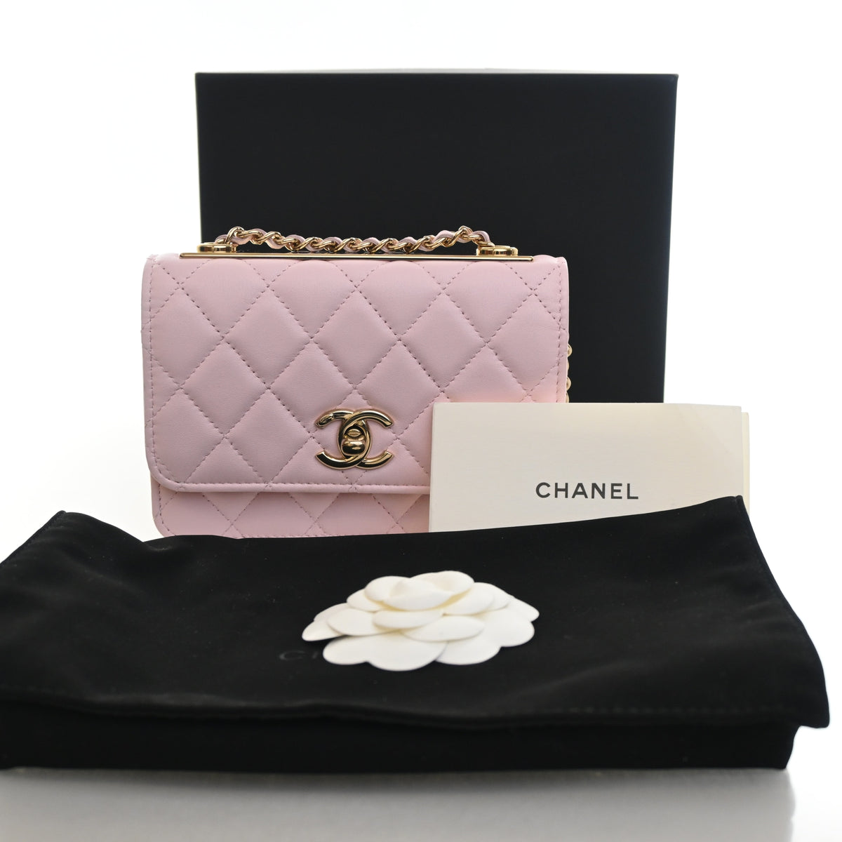 Pre-Owned Chanel Micro Lambskin Trendy CC, shown with dust bag and packaging