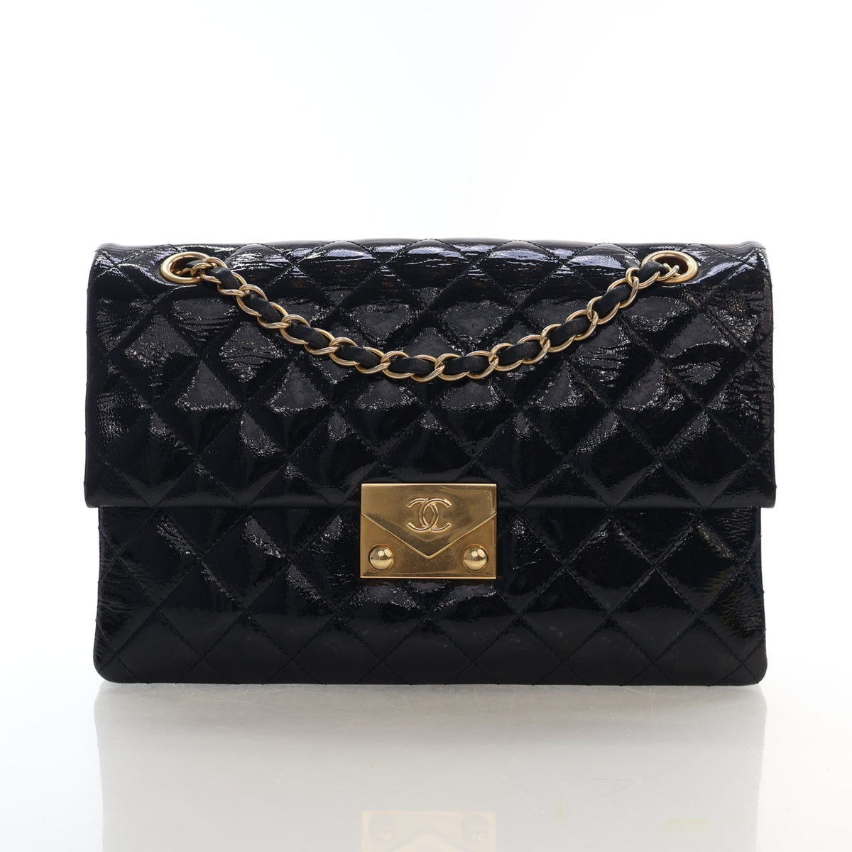 Pre-Owned Chanel Flap Bag Medium Patent Leather Accordion Single, front view, authenticated at Luxe Du Jour